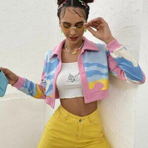 🦋 BaeVely Cropped Cardigan Button Front Wave Design Size M NWT